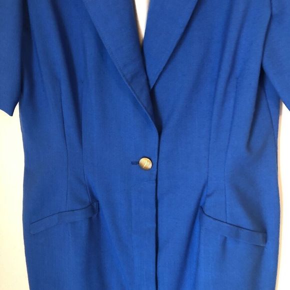 Breli II  Womens Coat Shift Dress Blue Midi Notch Lapel Short Sleeve VTG USA 16 - Picture 2 of 7
